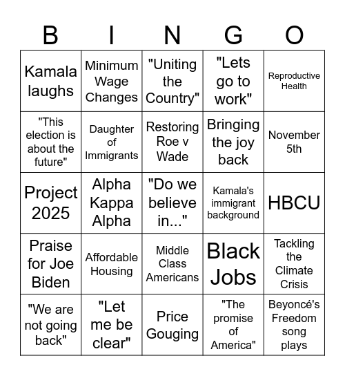 Unity Democrats DNC Watch Party Bingo Card
