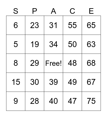 Space Bingo Card