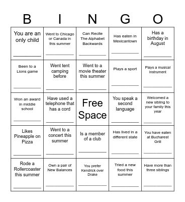 Ice Breaker Bingo Card