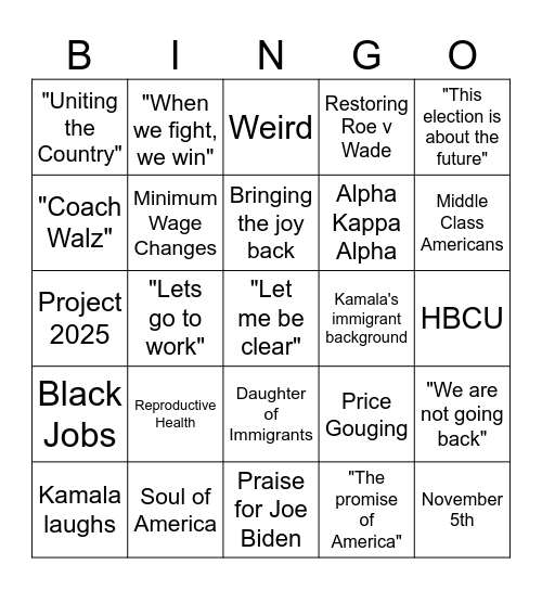Unity Democrats DNC Watch Party Bingo Card