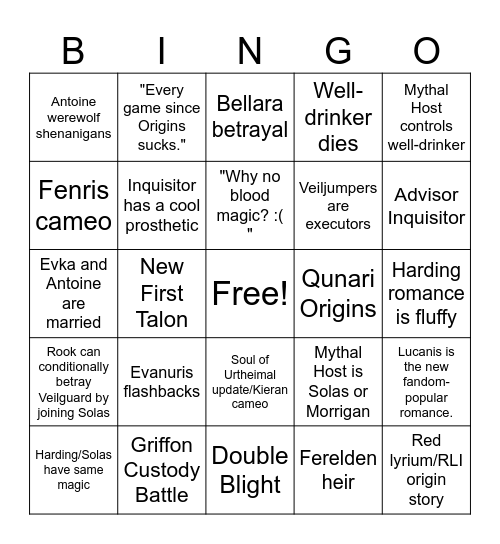 Dragon Age: Veilguard Bingo Card