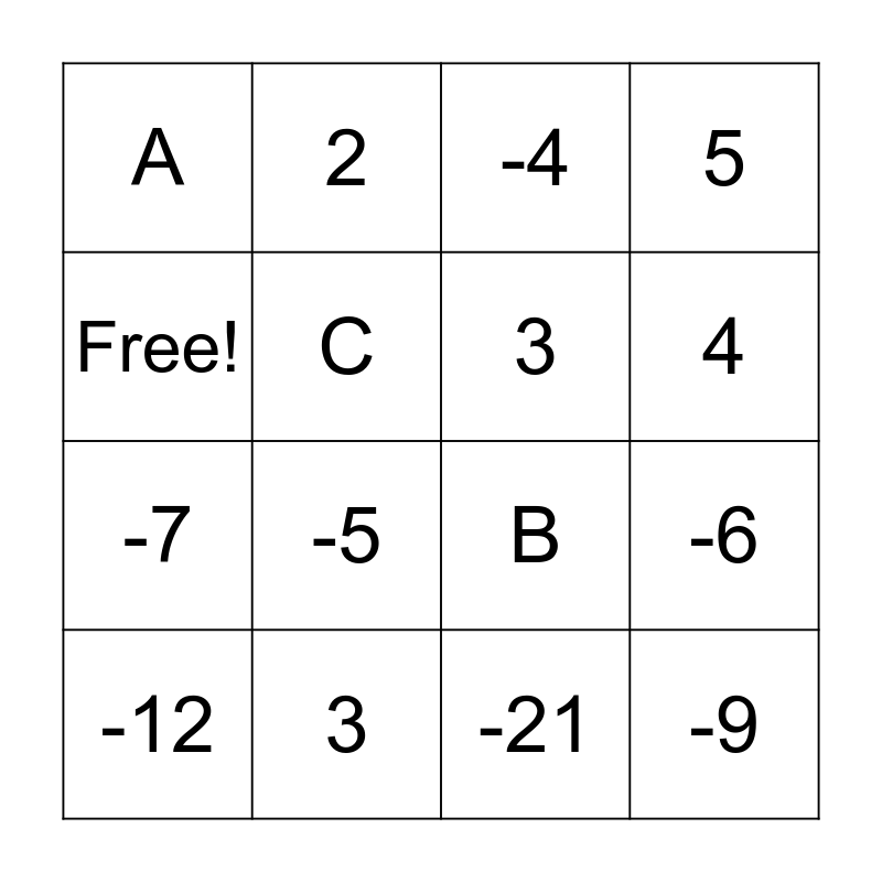 A/S Integers Bingo! Bingo Card