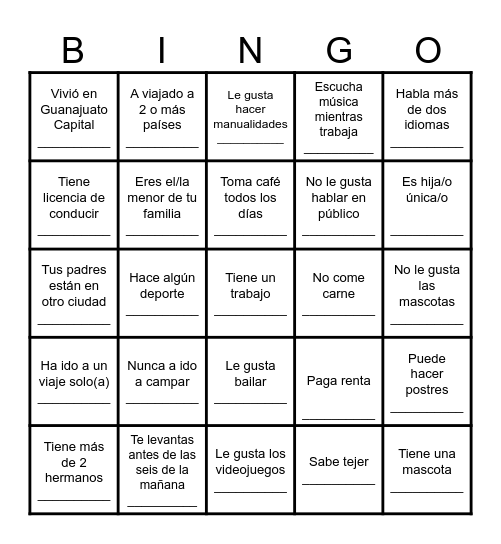 Bingo humano Bingo Card