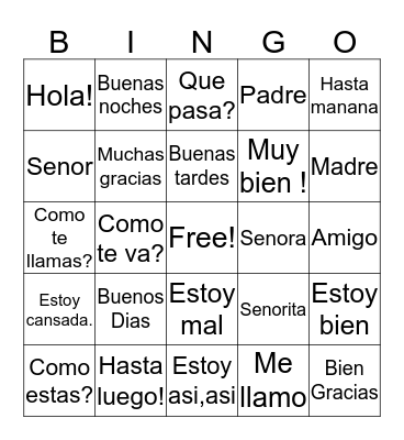 Spanish Vocabulary Bingo Card