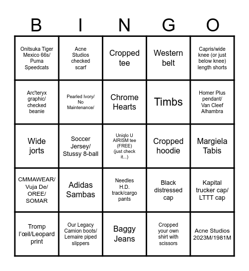 TikTok Fashion BINGO (any row/column/diagonal or 10 anywhere Bingo Card
