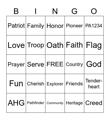 American Heritage Girls Bingo Card