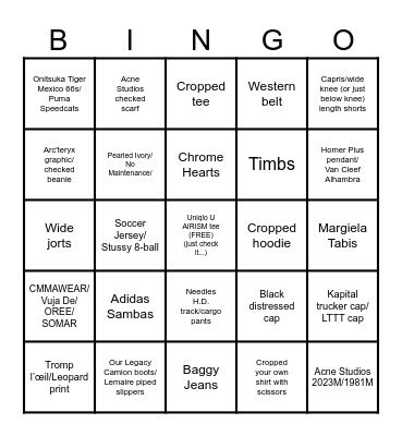 TikTok Fashion BINGO Card