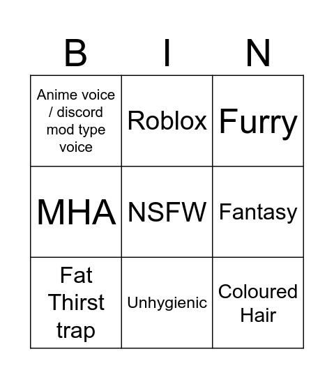 cringe bingo Card