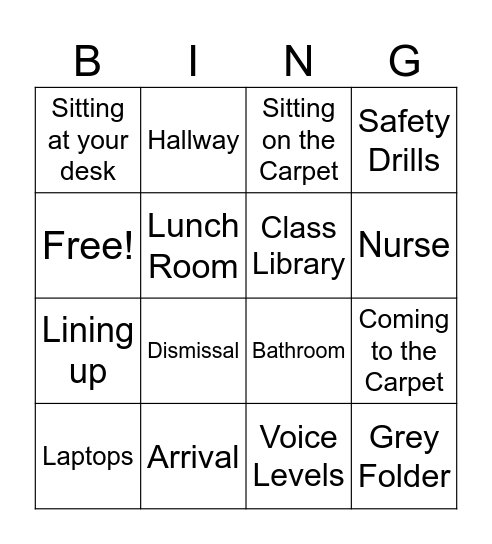 Back to School Rules Bingo Card