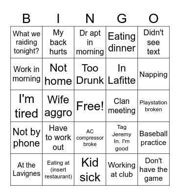 Destiny 2 Raid Excuses Bingo Card