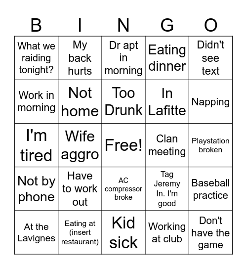 Destiny 2 Raid Excuses Bingo Card