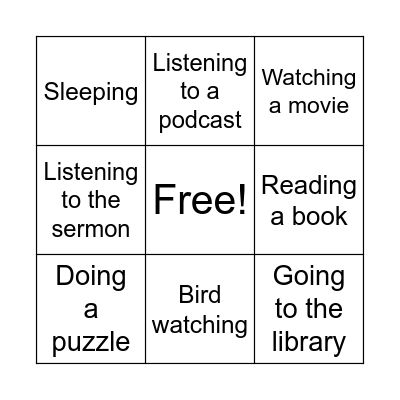 Quiet Activities Bingo Card