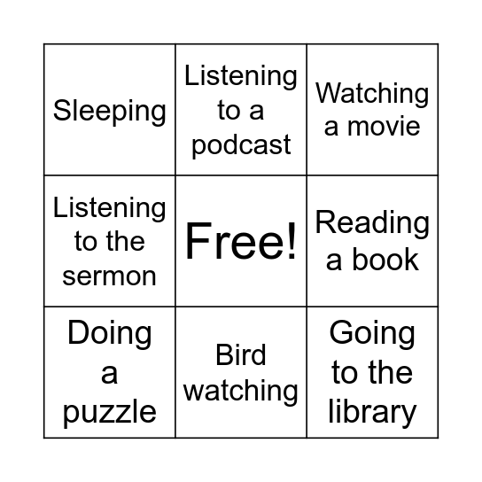 Quiet Activities Bingo Card