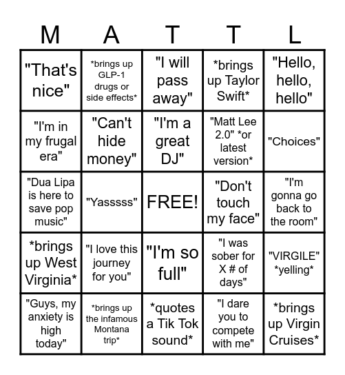 Matt Lee's Birthday Extravaganza Bingo Card