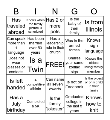 2016 Johnson Family Reunion Bingo Card
