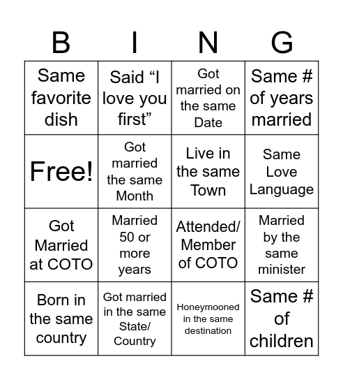 COTO Married Couples Ministry Bingo Card