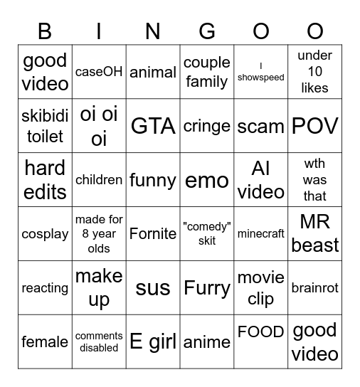 Cringe bingo Card