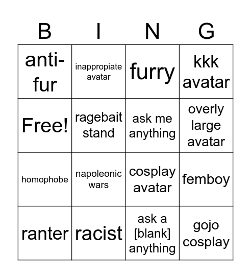 rate my avatar bingo Card