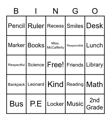 Back to School Bingo Card