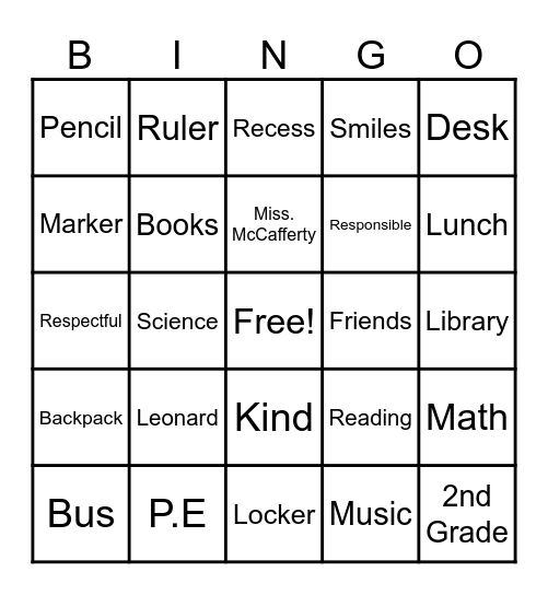 Back to School Bingo Card