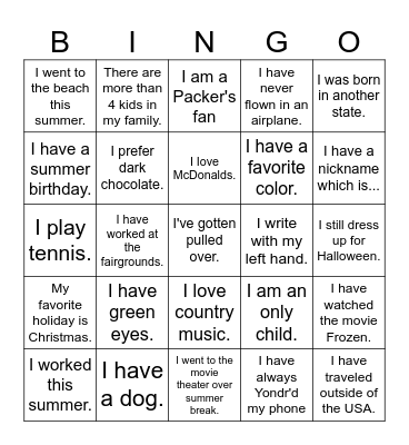 Back to School Bingo Card