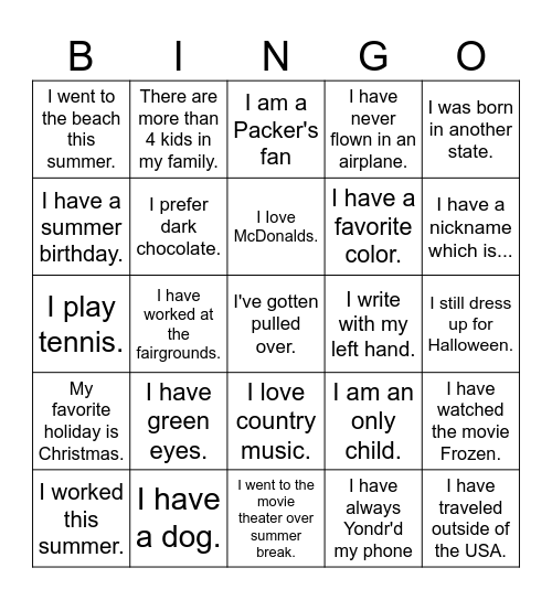 Back to School Bingo Card