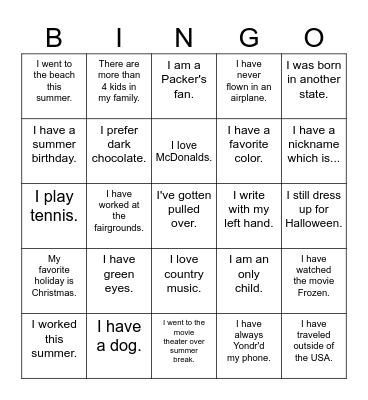 Back to School Bingo Card