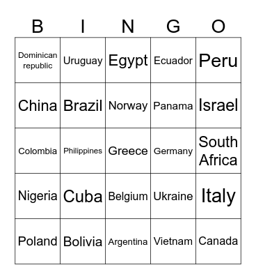 Countries Bingo Card