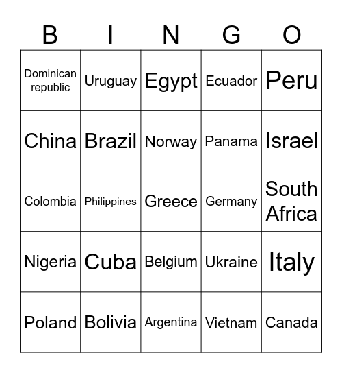 Countries Bingo Card