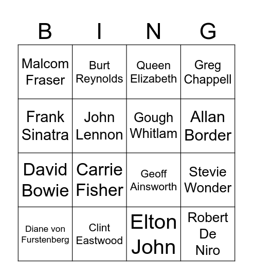 Famous Faces from the 1970's Bingo Card
