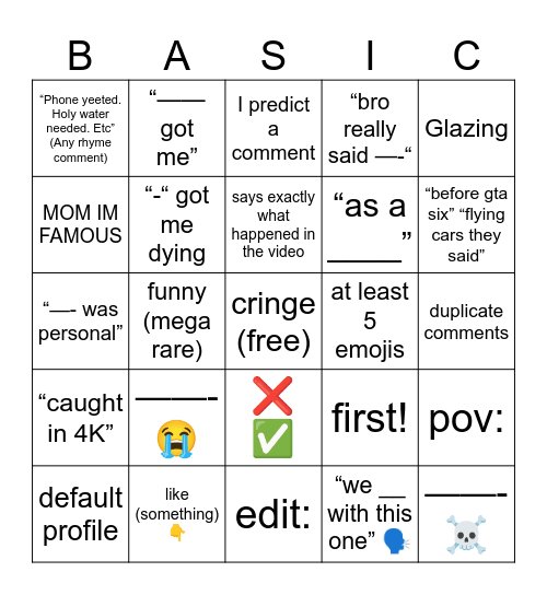 basic comment ssection Bingo Card