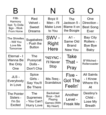 Boy Band vs Girl Band Bingo Card