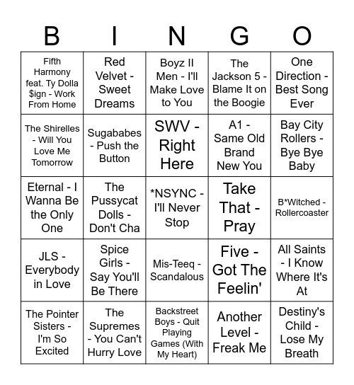 Boy Band vs Girl Band Bingo Card
