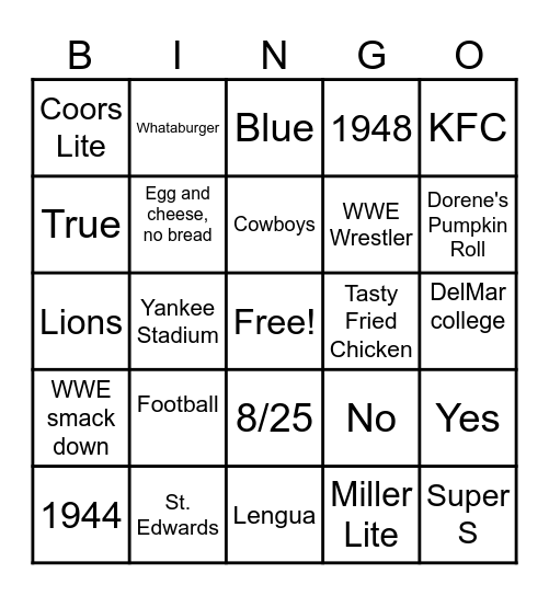 Fred's Bingo! Bingo Card