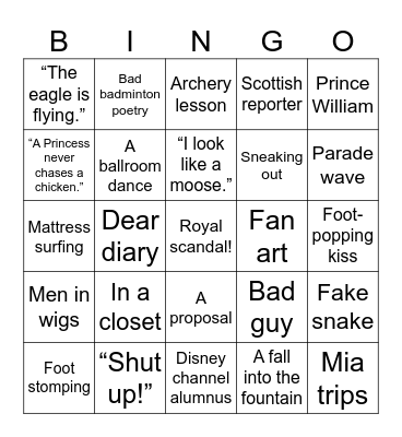 Princess Diaries 2 Bingo Card