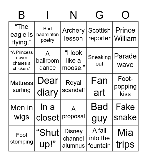 Princess Diaries 2 Bingo Card