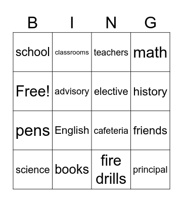 Back to school Bingo Card