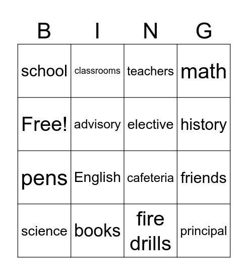 Back to school Bingo Card