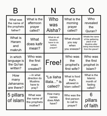 Islamic Bingo Card