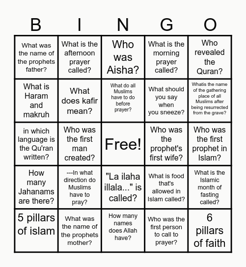 Islamic Bingo Card