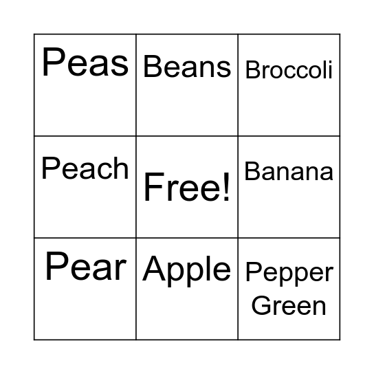 fruits and vegetable Bingo Card