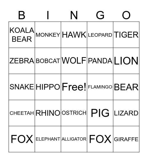 ZOO ANIMALS BINGO! Bingo Card