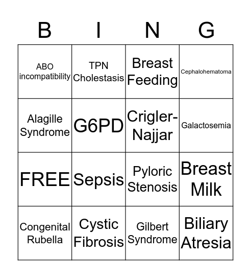 Hyperbilirubinemia Bingo Card