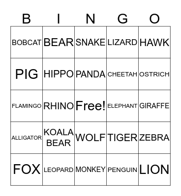 ZOO ANIMALS BINGO! Bingo Card