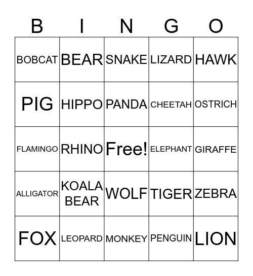 ZOO ANIMALS BINGO! Bingo Card