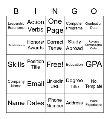 Resume Bingo Card