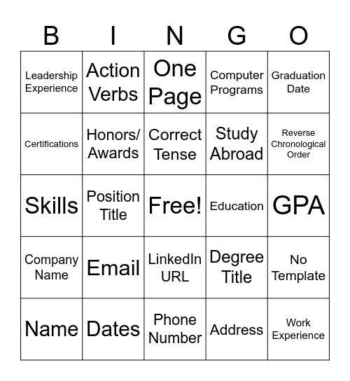 Resume Bingo Card