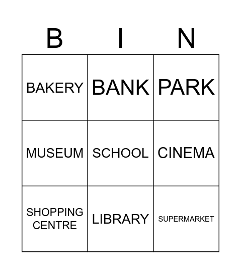 PLACES OF THE TOWN Bingo Card