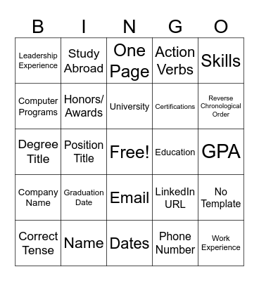 Resume Bingo Card