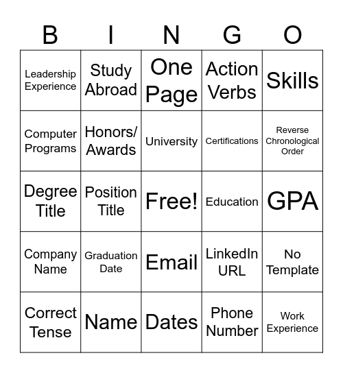 Resume Bingo Card